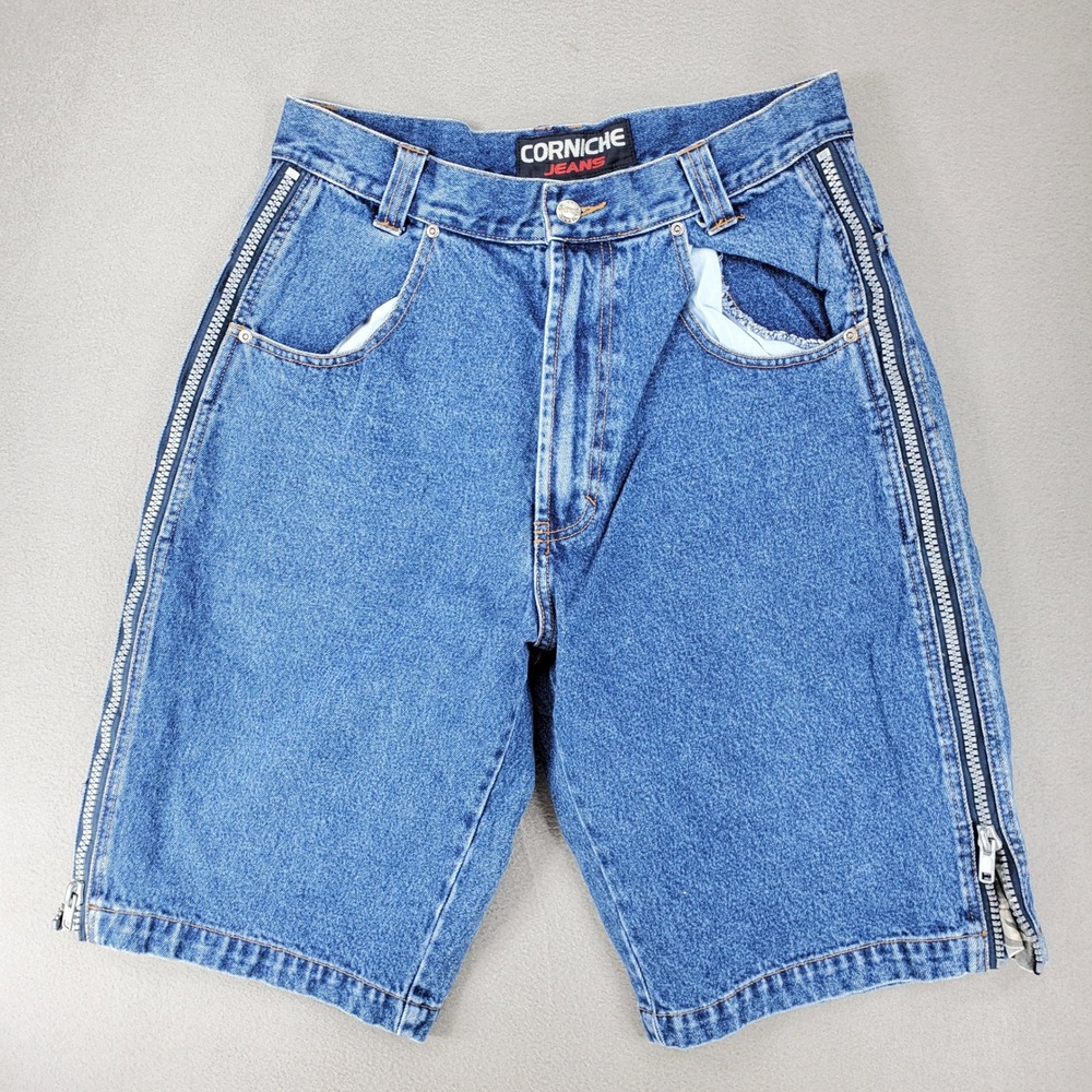 Corniche Jeans Denim Shorts Men 32 Blue Side Zip Camo Inset Y2K Skater 90s Baggy